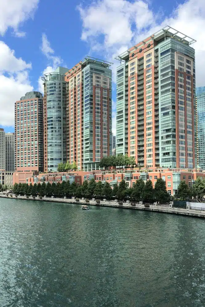 View of high rise buildings from across the chicago river